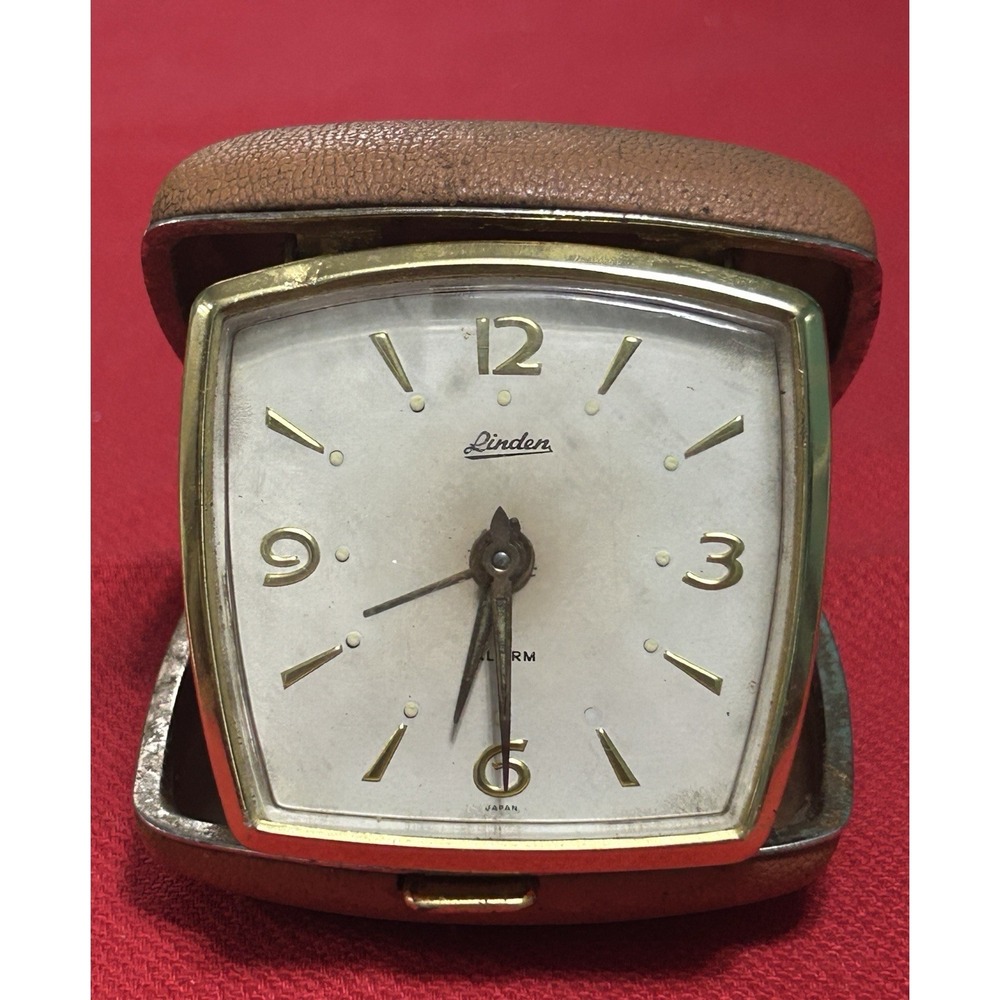Vintage Linden Travel Alarm Clock Wind Up Brown Clampshell Hard Case Works